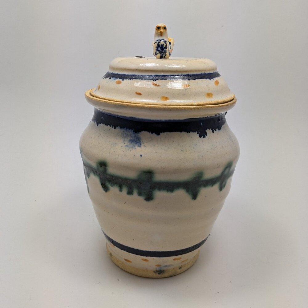 Vintage Handmade Studio Art Pottery Jar Vessel Artist Signed Glazed Bird Handle